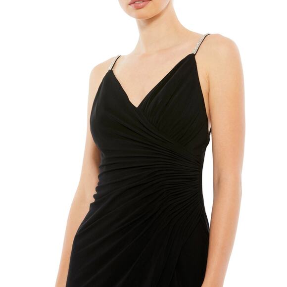 Ieena for MacDuggal gown-size 0-black rhinestone spaghetti strap high slit - Picture 3 of 8